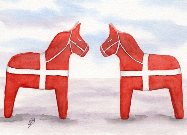 Postkarte DIN-A5 Aquarell Maritim Kunst Druck Kunstdruck Nordsee Dänemark Danmark  Blåvand Blavand rote Pferde